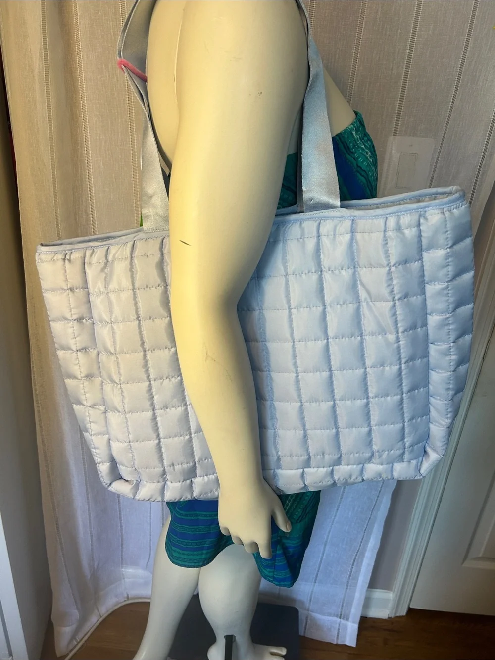 Quilted Light Blue Tote Bag - Women's Shoulder Carry